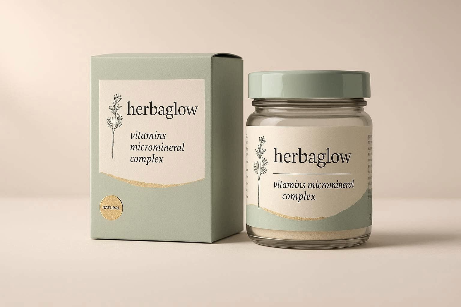 Lifestyle scene with HerbaGlow next to a glass of water and notebook